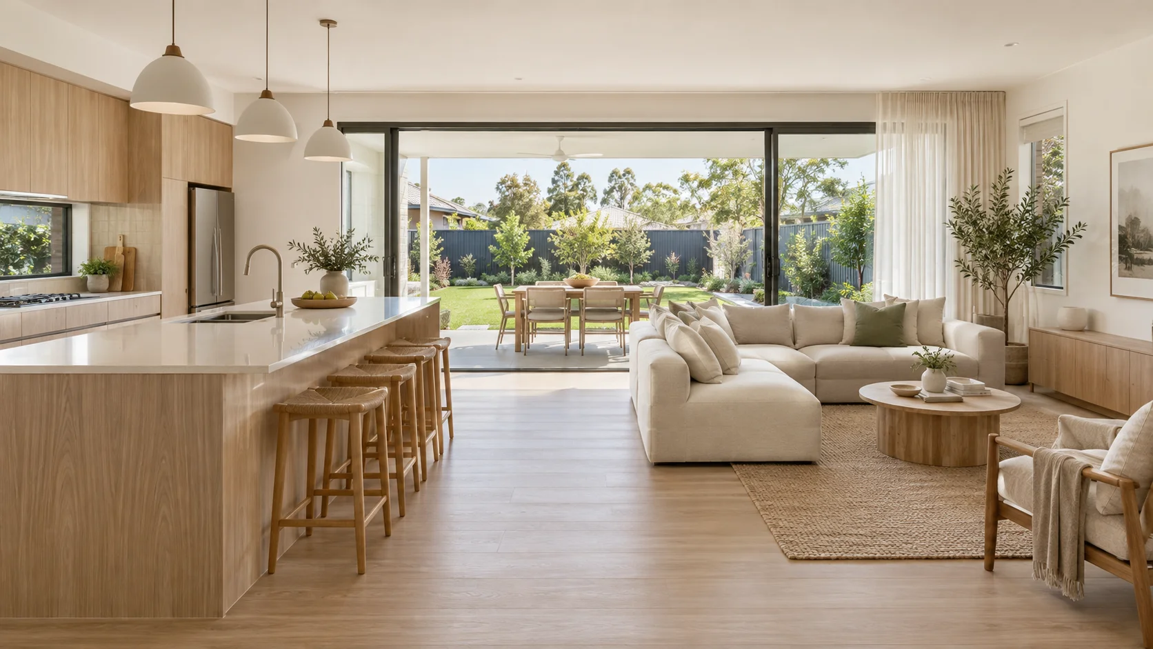 Design study of an open family kitchen and living room with oak cabinetry and garden views